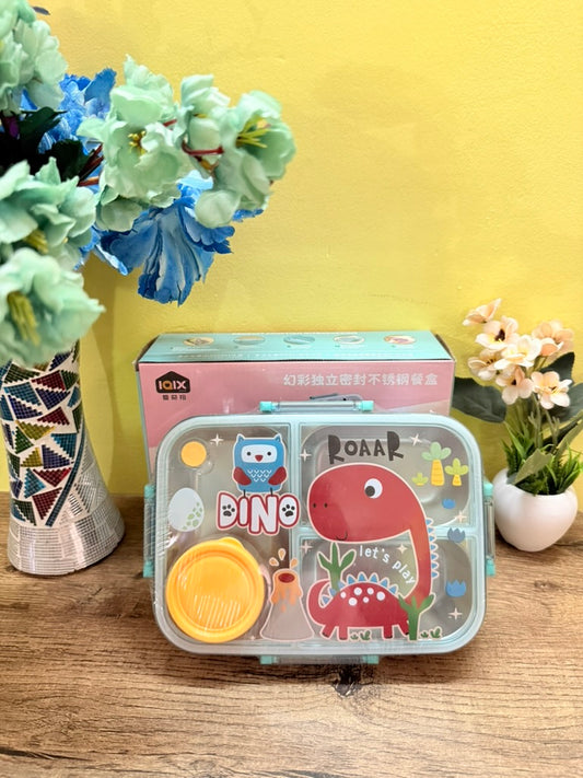 Bento Dino Blue Kids Lunchbox | 3 Spill-Proof Grids | BPA-Free Steel |750ml + Separate 80ml Container | Fun with health