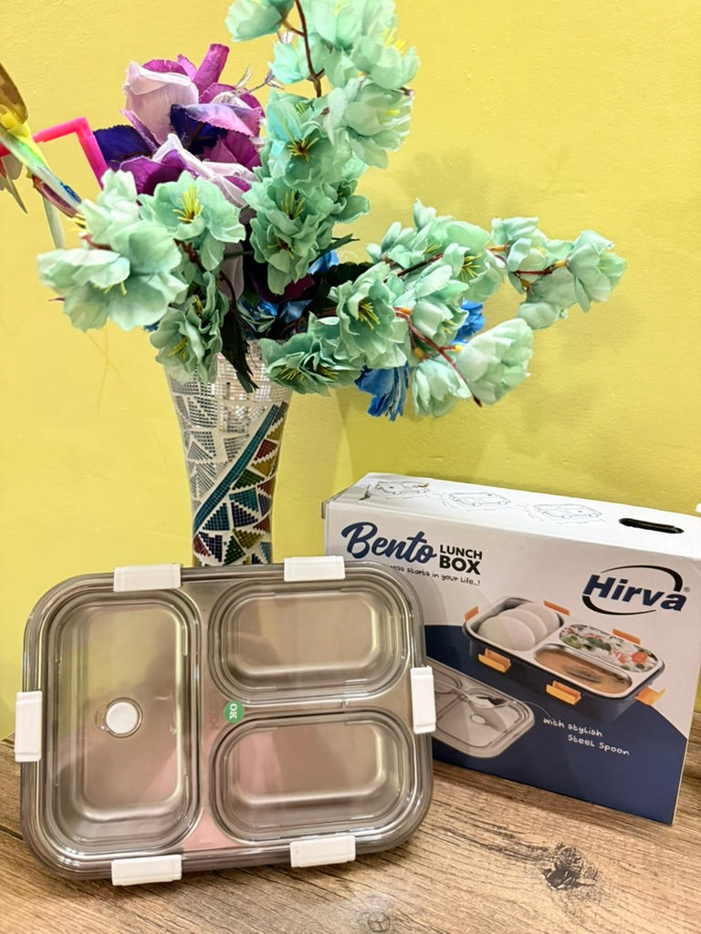 Durable stainless steel lunch box with 3 compartments for adults and kids. Leak-proof, easy to carry, and available in fun multicolor designs—perfect for school or office.