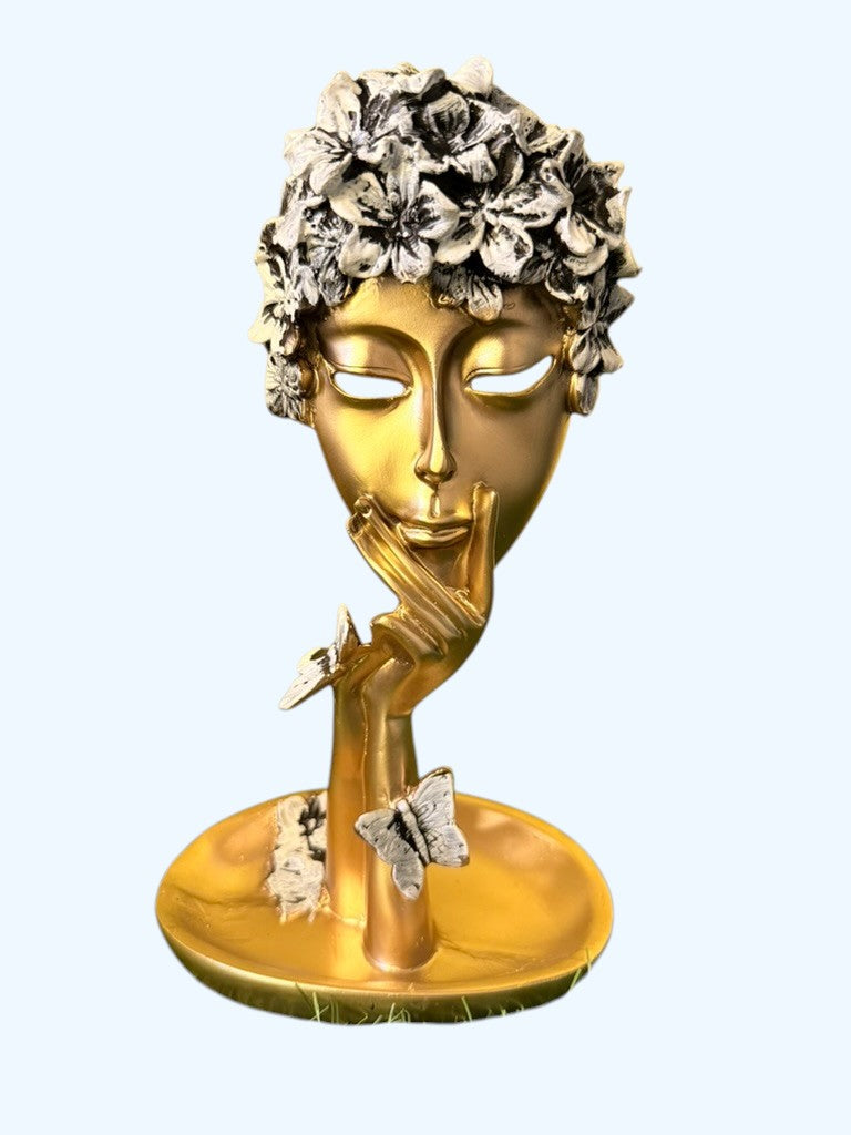 Elegant Gold Face Sculpture with Floral and Butterfly Accents - Waterproof and Permanent Gold Finish
