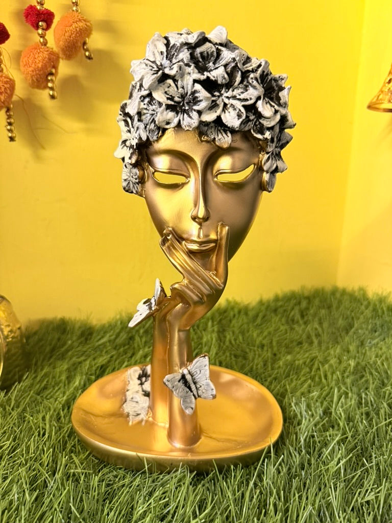 Elegant Gold Face Sculpture with Floral and Butterfly Accents - Waterproof and Permanent Gold Finish