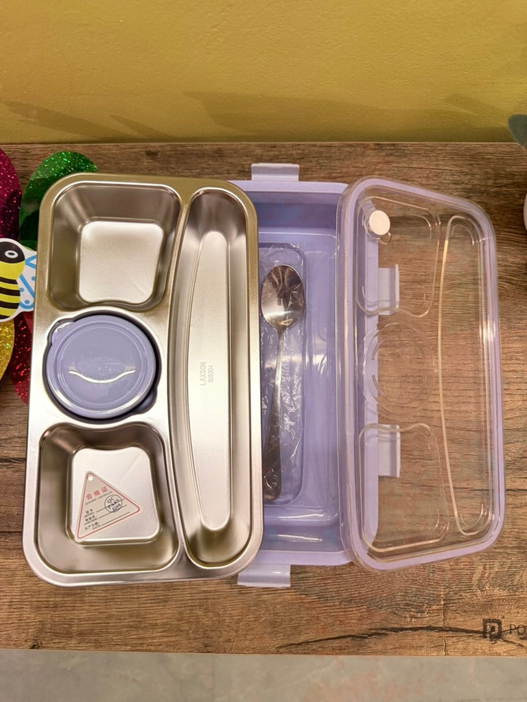 Bento Stainless steel 4-compartment Big lunch box with spoon, chopsticks & gravy container. Leak-proof, BPA-free, easy to clean, and great for meals on the go. Free steel engraving. Random color.