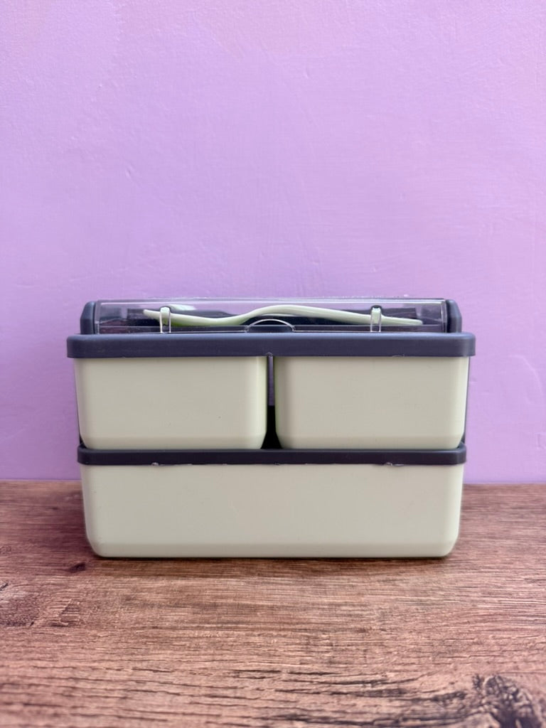 Double Decker Snacks Boxes 3-in-1 Compartment with 1 Spoon & 1 Fork for Adults and kids, Freezer Safe Lunch Boxes, 3 Compartment Air Tight Lunch Box for Office, Durable Plastic Lunch Box for School, Set of 2