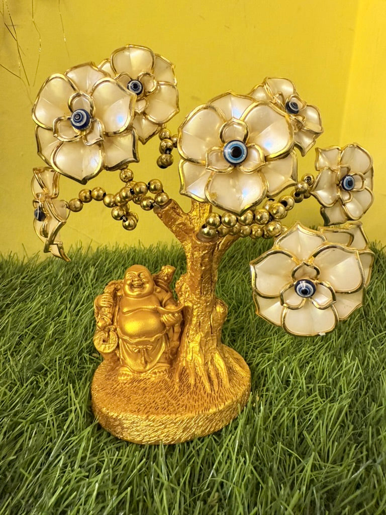 Laughing Buddha Under Evil Eye Tree – Feng Shui Showpiece for Luck, Protection & Gifting | Vastu Decor Charm, Waterproof (Golden)