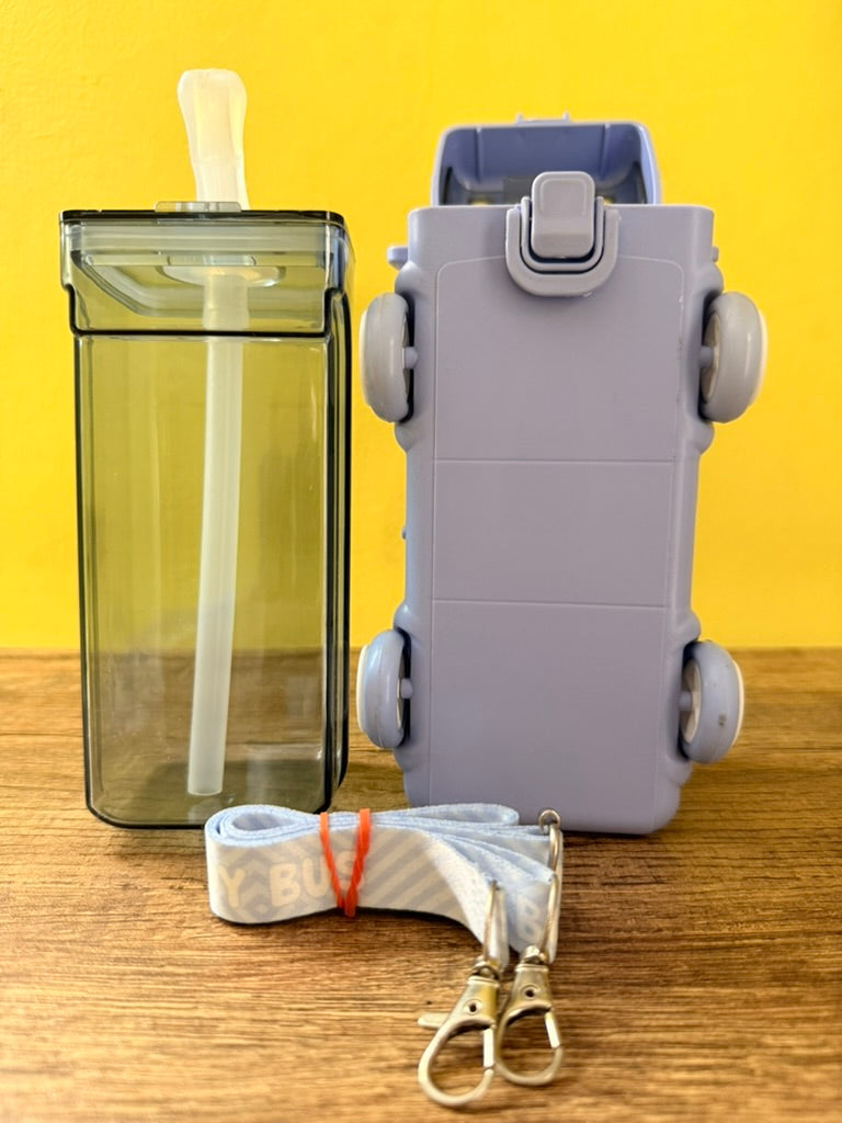 Cute Bus-Shaped Kids Water Bottle (Blue) – 500ml, BPA-Free, Leakproof with Lock, Strap, Sipper & Straw. Made from heavy-duty materials, perfect for school, travel, and daily use