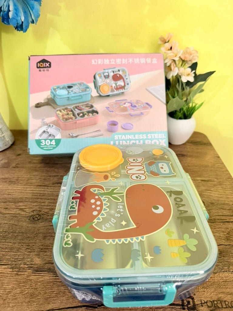 Bento Dino Blue Kids Lunchbox | 3 Spill-Proof Grids | BPA-Free Steel |750ml + Separate 80ml Container | Fun with health