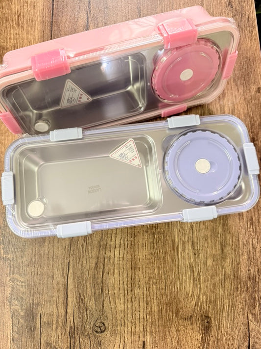 Sleek Bento Lunch Box (Stainless Steel) – Leak-Proof with Gravy Container (Pink)