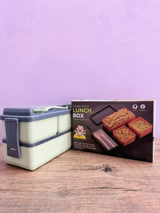 Double Decker Snacks Boxes 3-in-1 Compartment with 1 Spoon & 1 Fork for Adults and kids, Freezer Safe Lunch Boxes, 3 Compartment Air Tight Lunch Box for Office, Durable Plastic Lunch Box for School, Set of 2