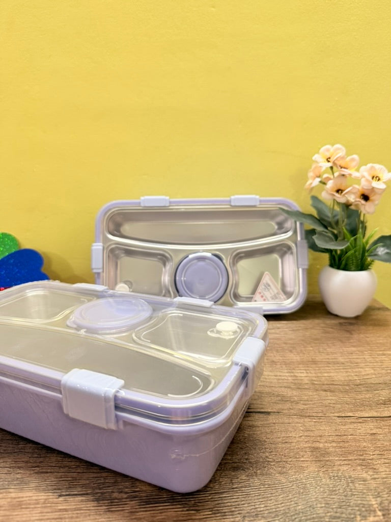 Bento Stainless steel 4-compartment Big lunch box with spoon, chopsticks & gravy container. Leak-proof, BPA-free, easy to clean, and great for meals on the go. Free steel engraving. Random color.