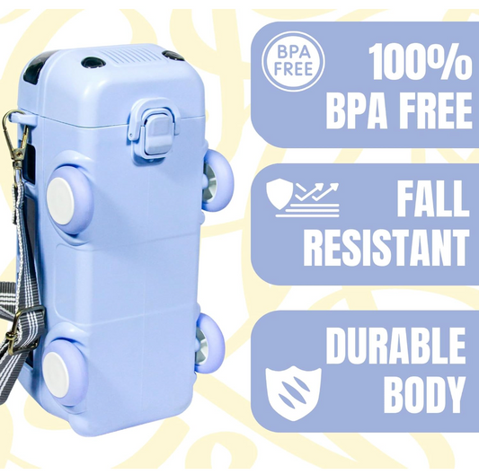 Cute Bus-Shaped Kids Water Bottle (Blue) – 500ml, BPA-Free, Leakproof with Lock, Strap, Sipper & Straw. Made from heavy-duty materials, perfect for school, travel, and daily use