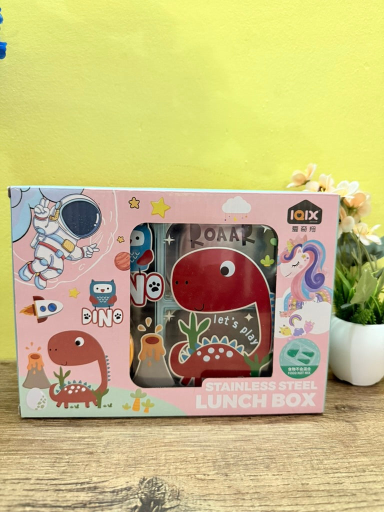 Bento Dino Blue Kids Lunchbox | 3 Spill-Proof Grids | BPA-Free Steel |750ml + Separate 80ml Container | Fun with health