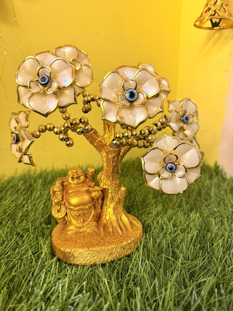 Laughing Buddha Under Evil Eye Tree – Feng Shui Showpiece for Luck, Protection & Gifting | Vastu Decor Charm, Waterproof (Golden)