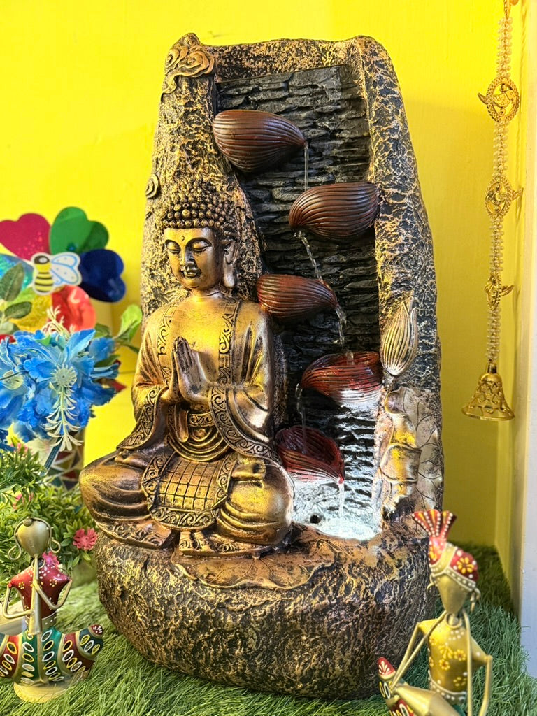 Buddha Water Fountain. Featuring a Water Flow Control Switch and Waterproof LED Light, it’s Perfect for Home, Office, or Garden Decor (2.5 ft)(30 Inch) (Golden)