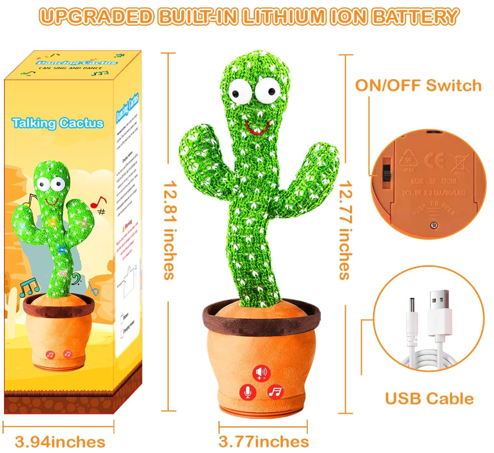 Dancing & Talking Cactus Toy β Sings, Records, Repeats You! Rechargeable, Lights Up, Fun for Toddlers. Includes USB Cable