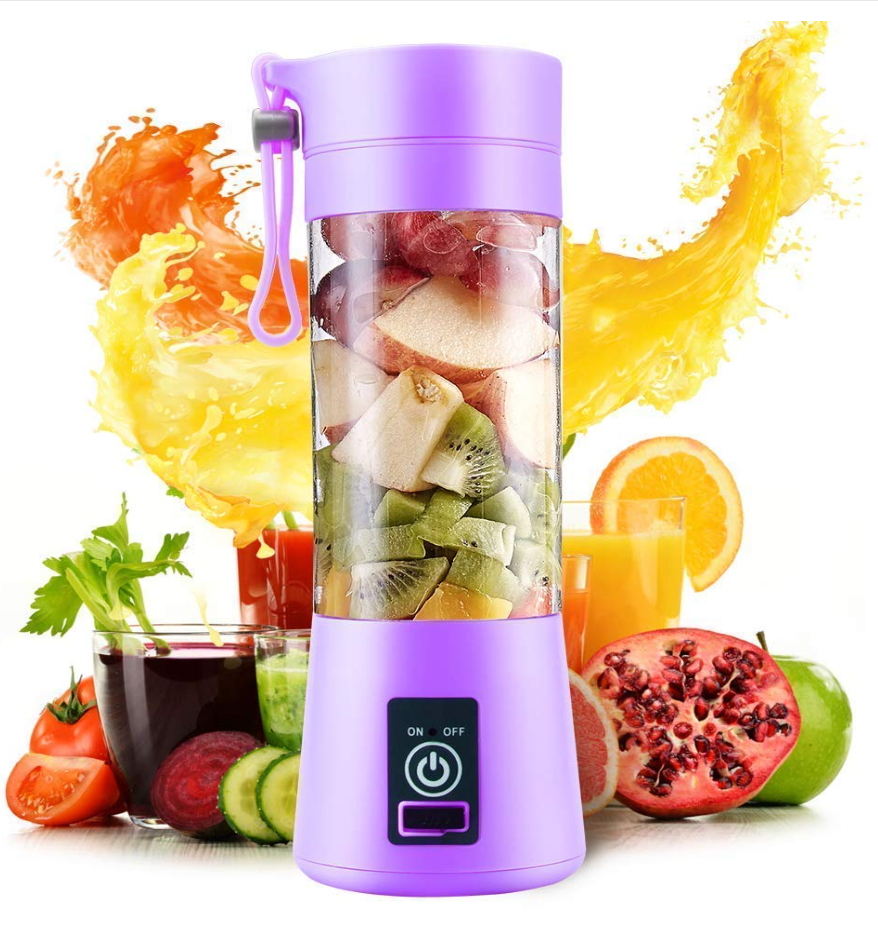 Portable 6-Blade Electric Juicer Blender with built-in jar. USB rechargeable, personal-size juicer, grinder, and mixer. Perfect for on-the-go smoothies. Available in multicolour.