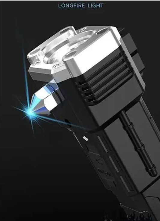 LED Rechargeable Torch Light with long-distance beam. Features a hammer for window glass breaking and a seat belt cutter. Perfect for car rescue and emergency situations. (