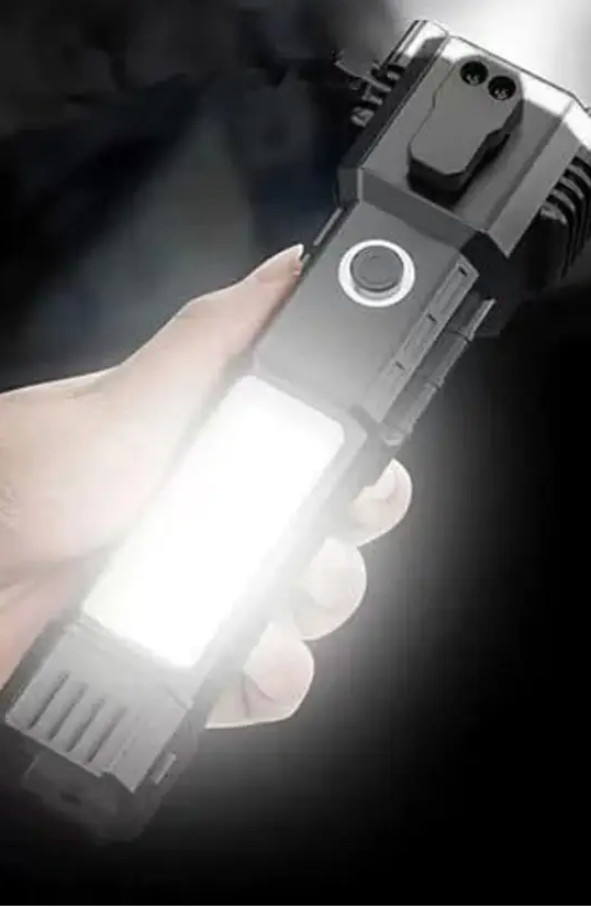 LED Rechargeable Torch Light with long-distance beam. Features a hammer for window glass breaking and a seat belt cutter. Perfect for car rescue and emergency situations. (