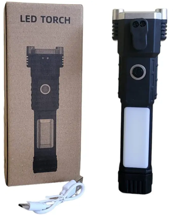 LED Rechargeable Torch Light with long-distance beam. Features a hammer for window glass breaking and a seat belt cutter. Perfect for car rescue and emergency situations. (
