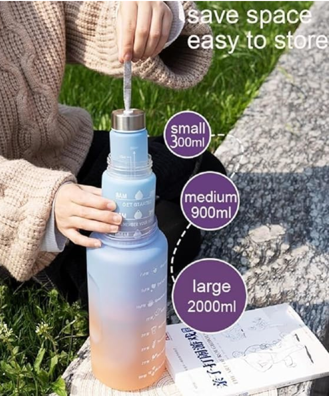 3-in-1 Motivational Silicone Water Bottle Set (1000ml, 750ml, 500ml) with leak-proof lids & time markers. Perfect for fitness, travel & daily use. BPA-free, durable & easy to carry.