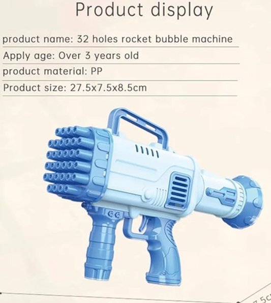 Create endless fun with the 32-Hole Gatling Bubble Gun! This bubble maker shoots hundreds of bubbles for hours of entertainment. Perfect for indoor and outdoor play. Includes bubble solution - Heavy Materials