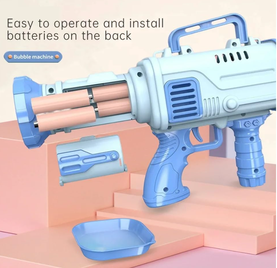 Create endless fun with the 32-Hole Gatling Bubble Gun! This bubble maker shoots hundreds of bubbles for hours of entertainment. Perfect for indoor and outdoor play. Includes bubble solution - Heavy Materials