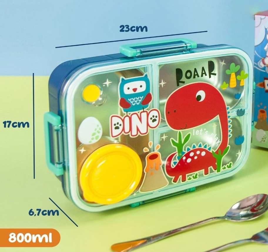Bento Dino Blue Kids Lunchbox | 3 Spill-Proof Grids | BPA-Free Steel |750ml + Separate 80ml Container | Fun with health