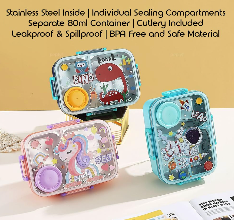 Bento Dino Blue Kids Lunchbox | 3 Spill-Proof Grids | BPA-Free Steel |750ml + Separate 80ml Container | Fun with health