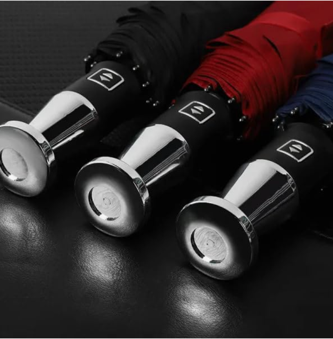 Auto Open-Close Compact Royal Umbrella – Windproof, UV Protection, Lightweight & Foldable. 3-Fold design with anti-slip handle. Perfect for travel, rain & sun protection.