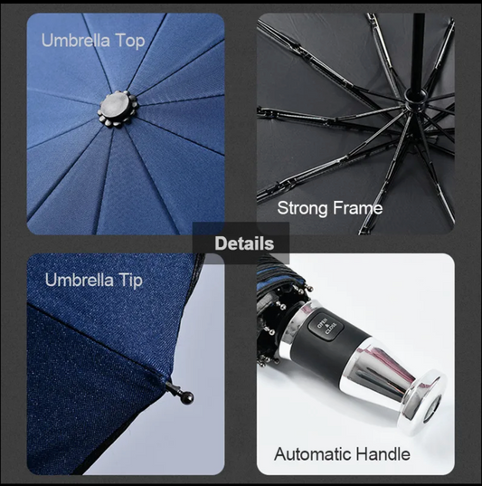 Auto Open-Close Compact Royal Umbrella – Windproof, UV Protection, Lightweight & Foldable. 3-Fold design with anti-slip handle. Perfect for travel, rain & sun protection.