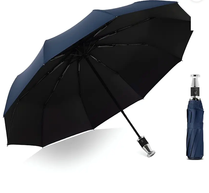 Auto Open-Close Compact Royal Umbrella – Windproof, UV Protection, Lightweight & Foldable. 3-Fold design with anti-slip handle. Perfect for travel, rain & sun protection.