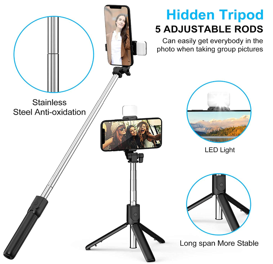 3-in-1 Selfie Stick Tripod with Rechargeable LED (2 Brightness Modes) & Bluetooth Remote – Perfect for Makeup, Vlogging, Selfies & Photoshoots