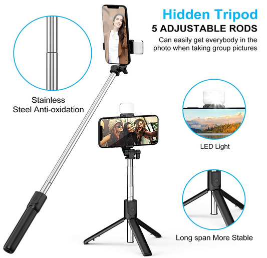 3-in-1 Selfie Stick Tripod with Rechargeable LED (2 Brightness Modes) & Bluetooth Remote – Perfect for Makeup, Vlogging, Selfies & Photoshoots