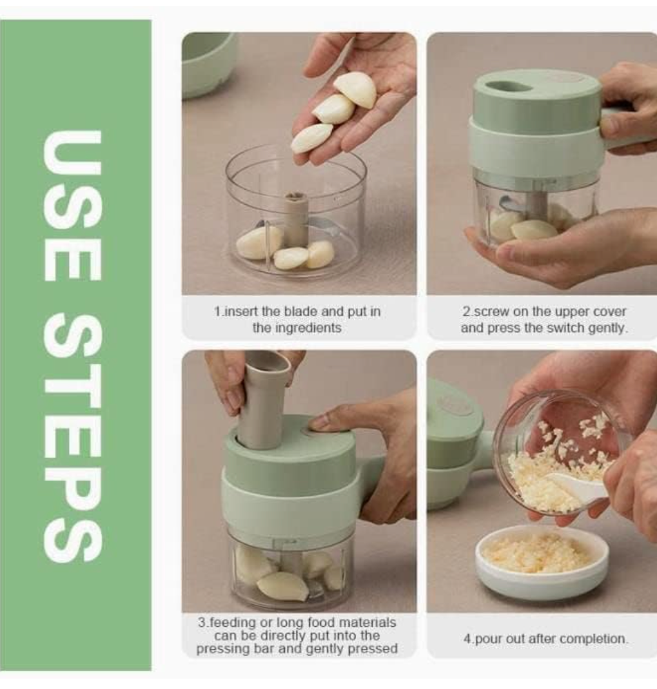Rechargeable Mini Chopper & Mixer – Portable, 4 in 1, wireless & multipurpose! Perfect chopping herbs, onions, fruits, spices & more. Compact & powerful.