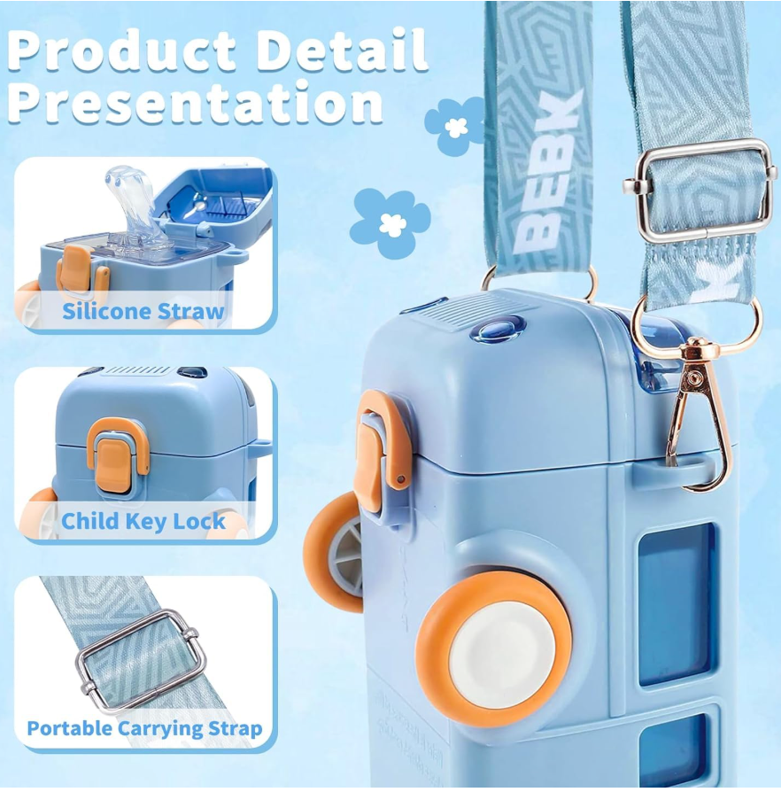 Cute Bus-Shaped Kids Water Bottle (Blue) – 500ml, BPA-Free, Leakproof with Lock, Strap, Sipper & Straw. Made from heavy-duty materials, perfect for school, travel, and daily use