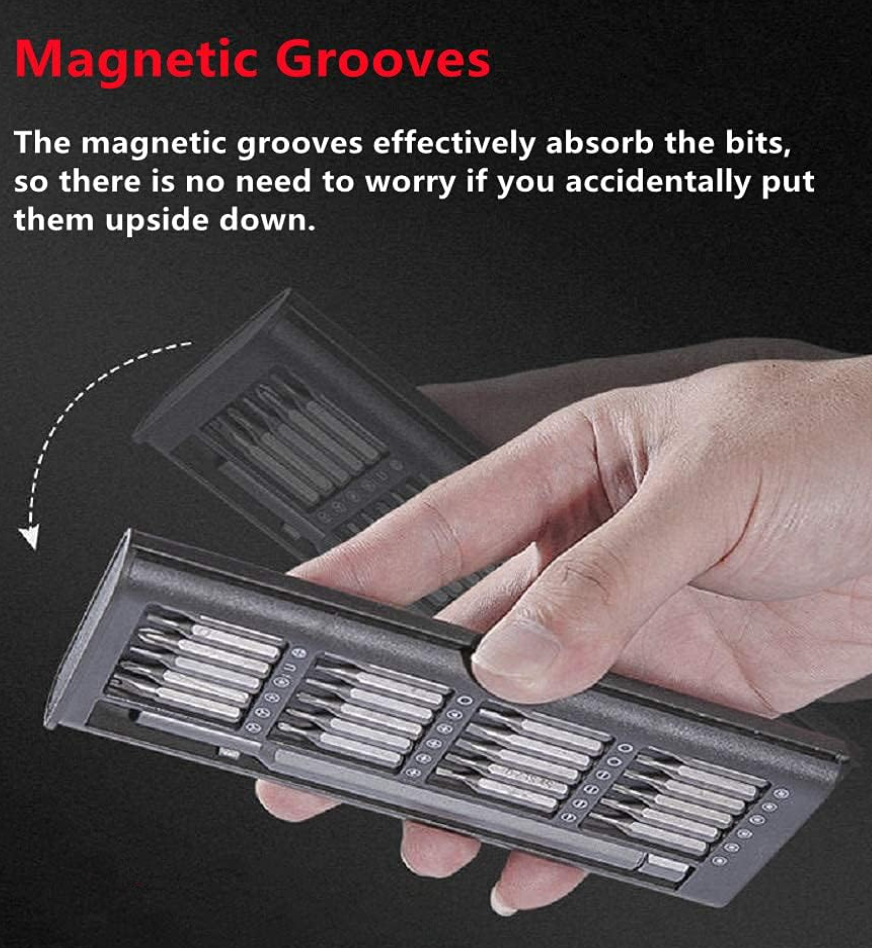 24-Piece Precision Magnetic Screwdriver Set – Compact and multifunctional, ideal for repairing electronics, phones, tablets, and more. Includes mini bits in a pocket-size kit for easy storage and use