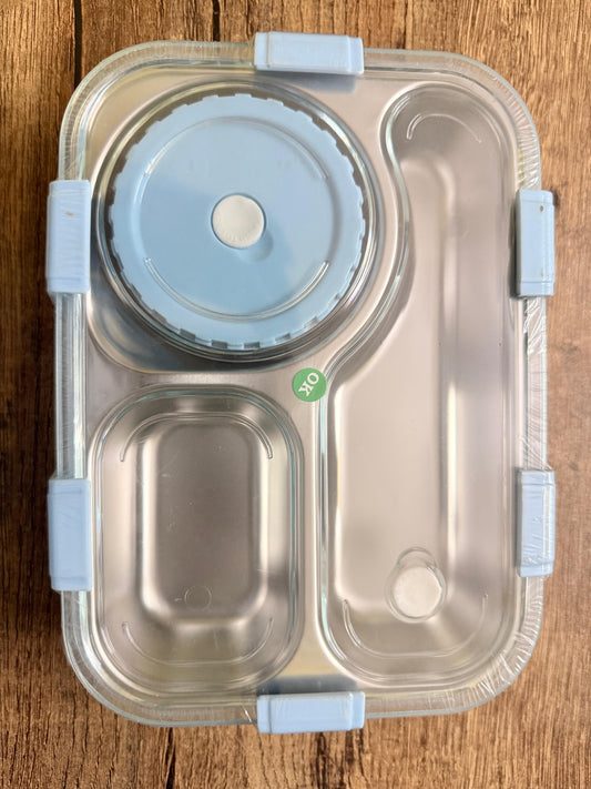 Bento Stainless Steel Lunch Box 3 Compartment Leak-Proof BPA Free, Lunch Box for Boys, Lunch Box with Spoon, Pair of Chopsticks & Gravy Container (Random Color),850 ml