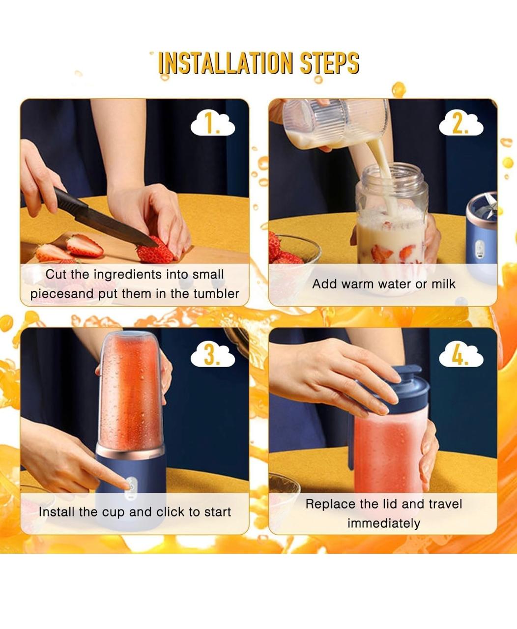 Powerful USB Rechargeable Portable Juicer – 6-blade mini blender with 400ml capacity. Blend fresh smoothies anytime—perfect for gym, travel, office & daily nutrition.
