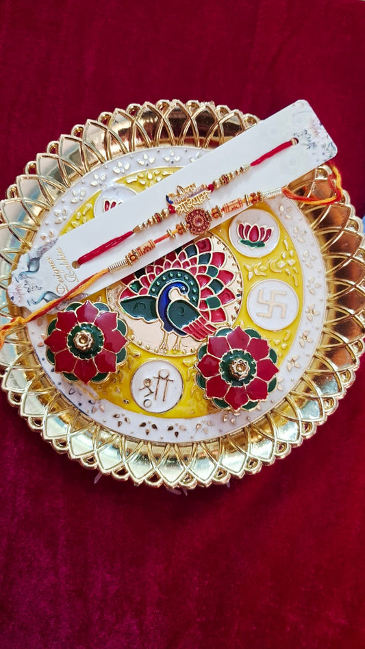 Rakhi with Puja Thali Gift Combo for Brother for Rakshabandhan, Pooja Thali, Roli, Chawal, Tika, and Card. Shree Shyam Rakhi - Set of 2