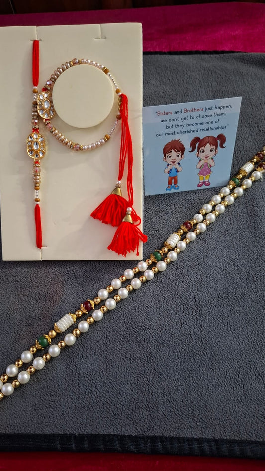 Rakhi For Brother and Bhabhi, Couple Lumba Set of 2 for Rakshabandhan I Combo Pair, Kundan For Men, Bhai, Women, Girls with Roli, Tika and Chawal