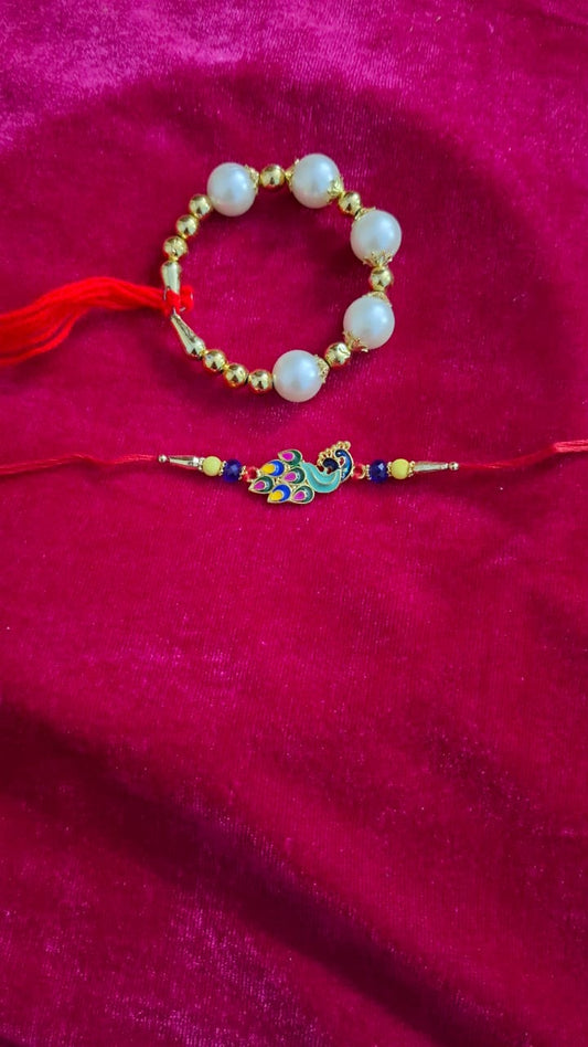Rakhi For Brother and Bhabhi, Peacock design, Couple Lumba Set of 2 for Rakshabandhan I Combo Pair, Kundan For Men, Bhai, Women, Girls with Roli, Tika and Chawal