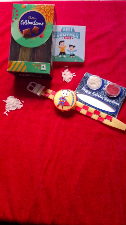 Cartoon light Rakhi with Celebration Cadbury Chocolate, Roli, Chawal, and Cute Card. (Random Color&Cartoon)