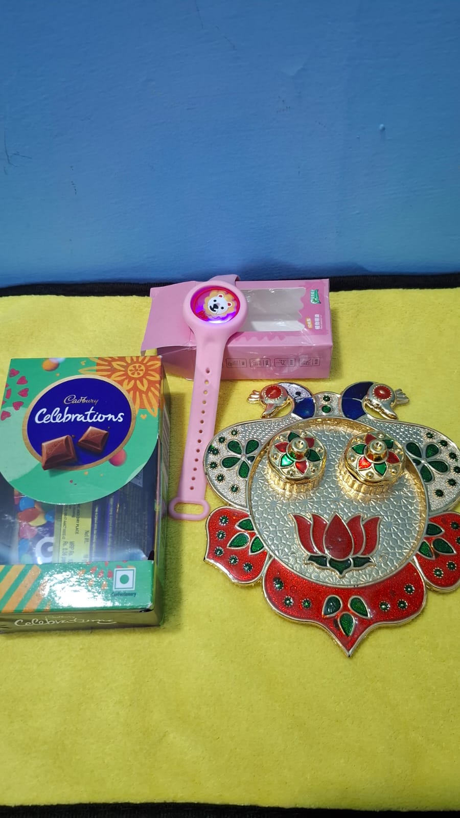 Watch with Light- Designer Rakhi Set for Brother – Pack of 2 with Designer Thali, Tilak, Chawal, Chocolates & Card – Perfect for Younger Brother this Raksha Bandhan!