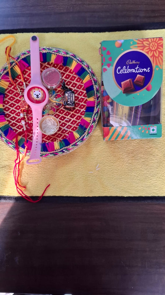 Watch with Light- Designer Rakhi Set for Brother – Pack of 2 with Designer Thali, Tilak, Chawal, Chocolates & Card – Perfect for Younger Brother this Raksha Bandhan!