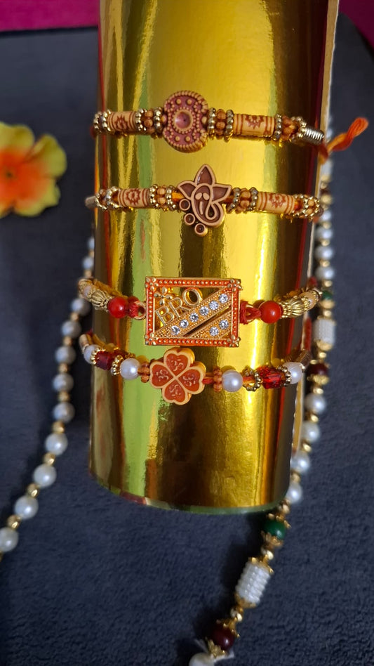 Special Set Of 4 Rakhi For Brothers With Chocolate, Roli, Card, and Tilak set