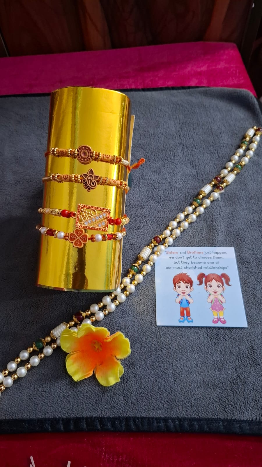 Special Set Of 4 Rakhi For Brothers With Chocolate, Roli, Card, and Tilak set