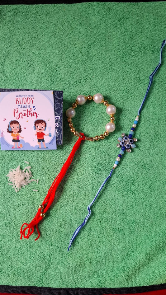 Rakhi for Brother and Bhabhi, Couple Lumba Set of 2 for Rakshabandhan I Combo Pair with CUP, tilak set, card and Chawal. Evil eye rakhi for brother.
