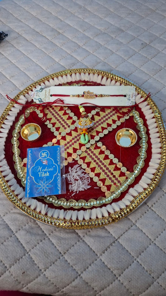 Rakhi with Big Puja Thali Gift Combo for Brother for Rakshabandhan, Big Pooja Thali, Roli, Chawal, Tika, and Card. - Set of 2
