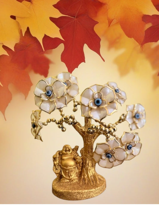 Laughing Buddha Under Evil Eye Tree – Feng Shui Showpiece for Luck, Protection & Gifting | Vastu Decor Charm, Waterproof (Golden)