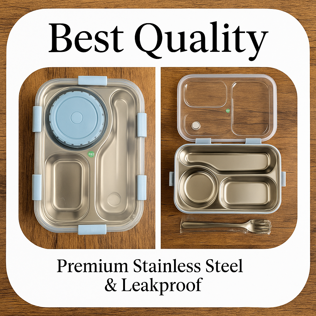 Bento Stainless Steel Lunch Box 3 Compartment Leak-Proof BPA Free, Lunch Box for Boys, Lunch Box with Spoon, Pair of Chopsticks & Gravy Container (Random Color),850 ml