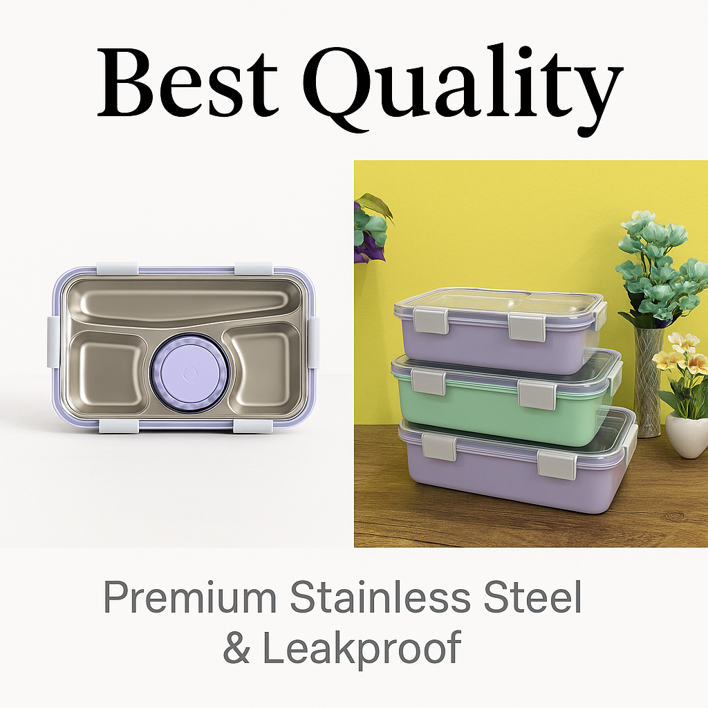 Bento Stainless steel 4-compartment Big lunch box with spoon, chopsticks & gravy container. Leak-proof, BPA-free, easy to clean, and great for meals on the go. Free steel engraving. Random color.