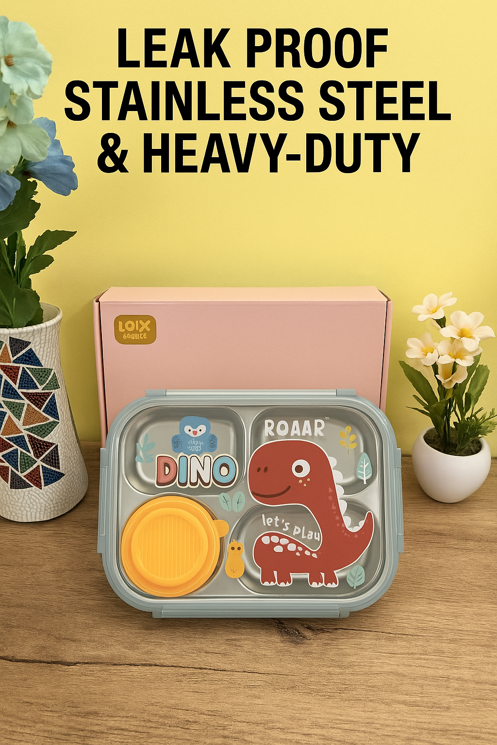 Bento Dino Blue Kids Lunchbox | 3 Spill-Proof Grids | BPA-Free Steel |750ml + Separate 80ml Container | Fun with health